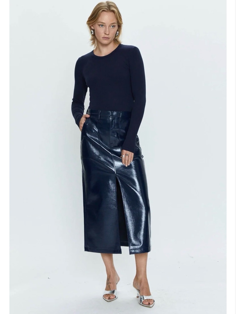 Pistola Alice Utility Midi Skirt in Navy Sky Vinyl Size 0